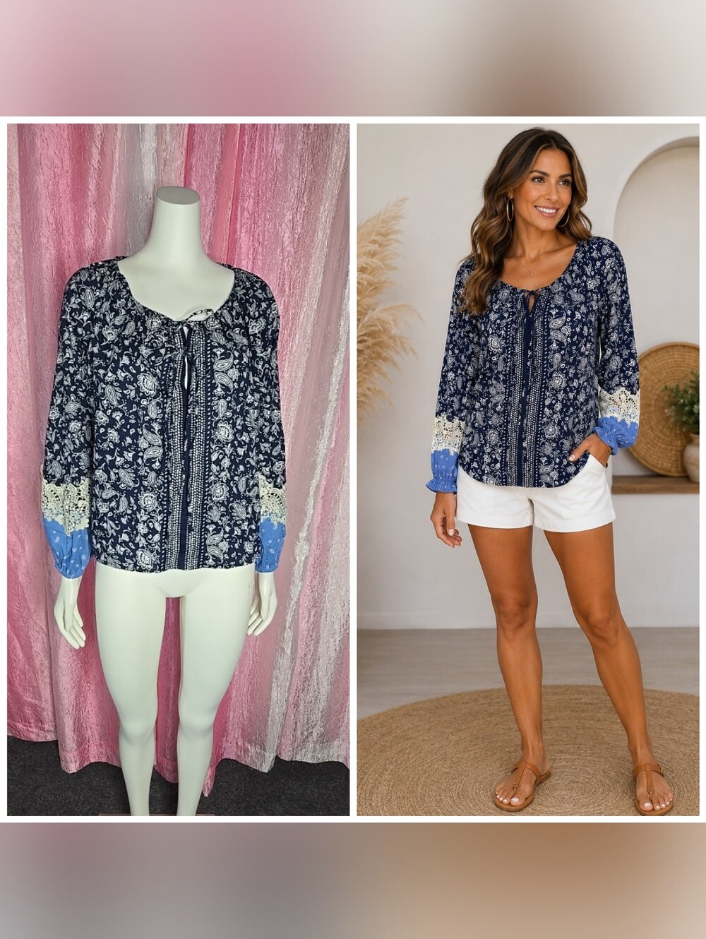 LOFT Bandana Paisley Floral Cotton Peasant Crochet Sleeve Blouse Size Medium